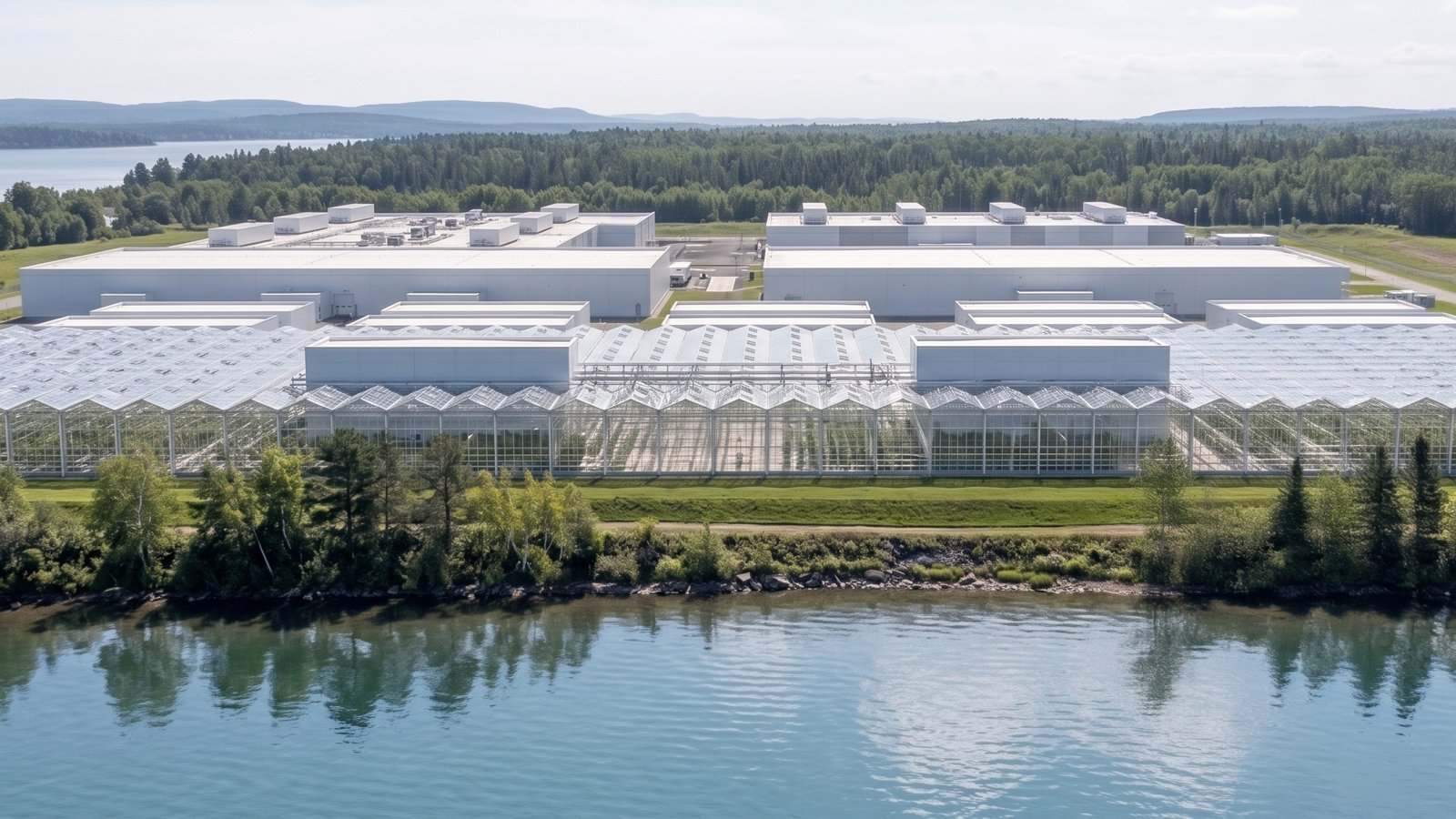 Riverside data center campus with greenhouses drawing recovered heat, water in the foreground.