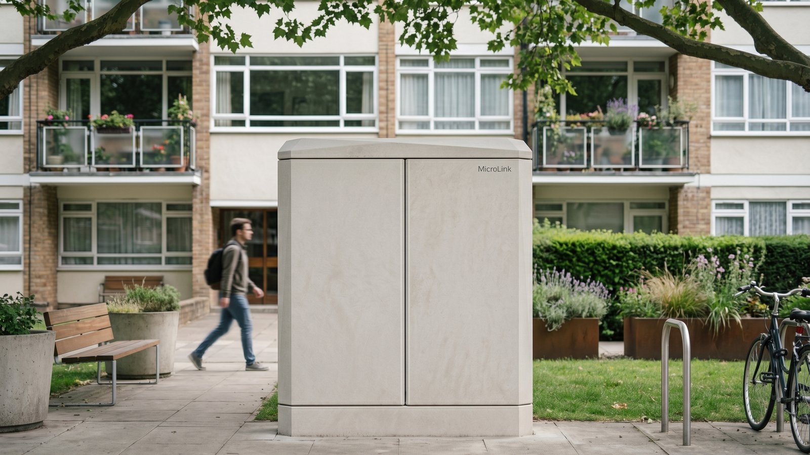 MicroLink edge cabinet on a residential street, sized to sit beside community housing.