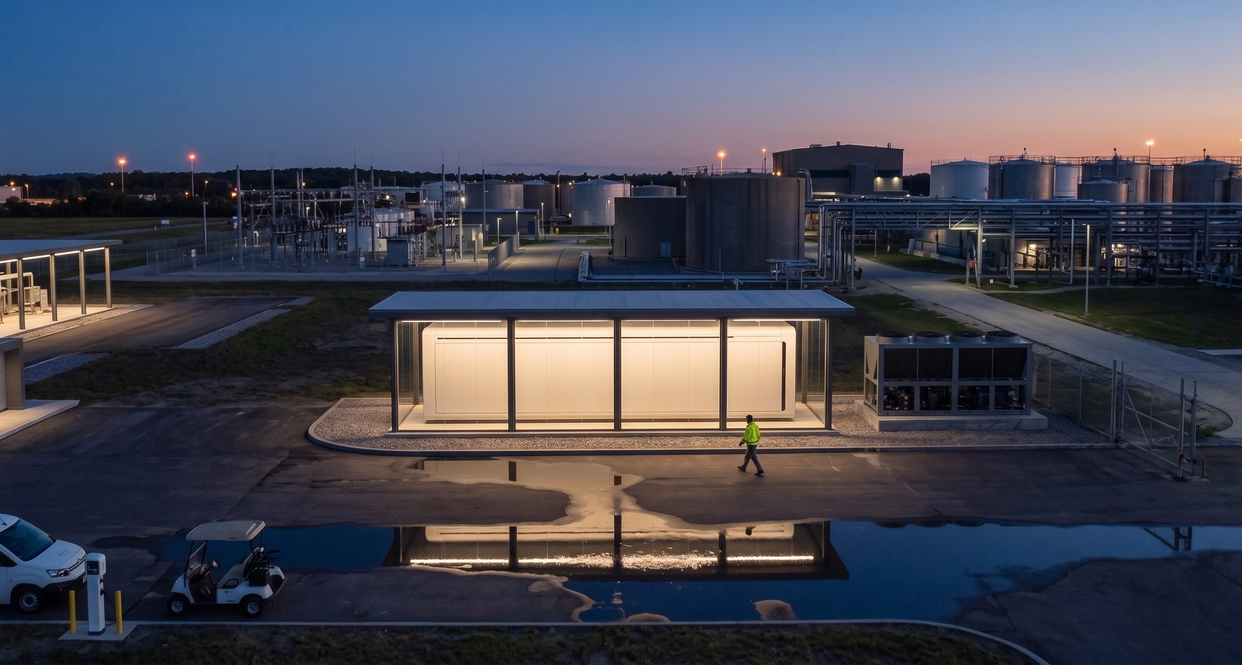 A MicroLink compute pavilion lit at dusk on a wastewater and tank farm site, its dry cooler rejecting heat alongside, a worker walking past.
