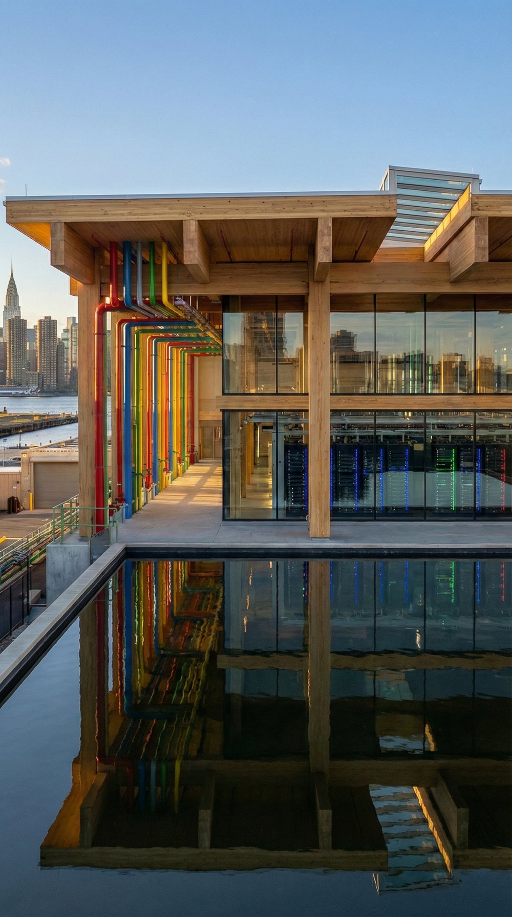 New York pilot data center on the East River, mass timber building with multi colour thermal loops, server racks behind glass, Manhattan skyline beyond.