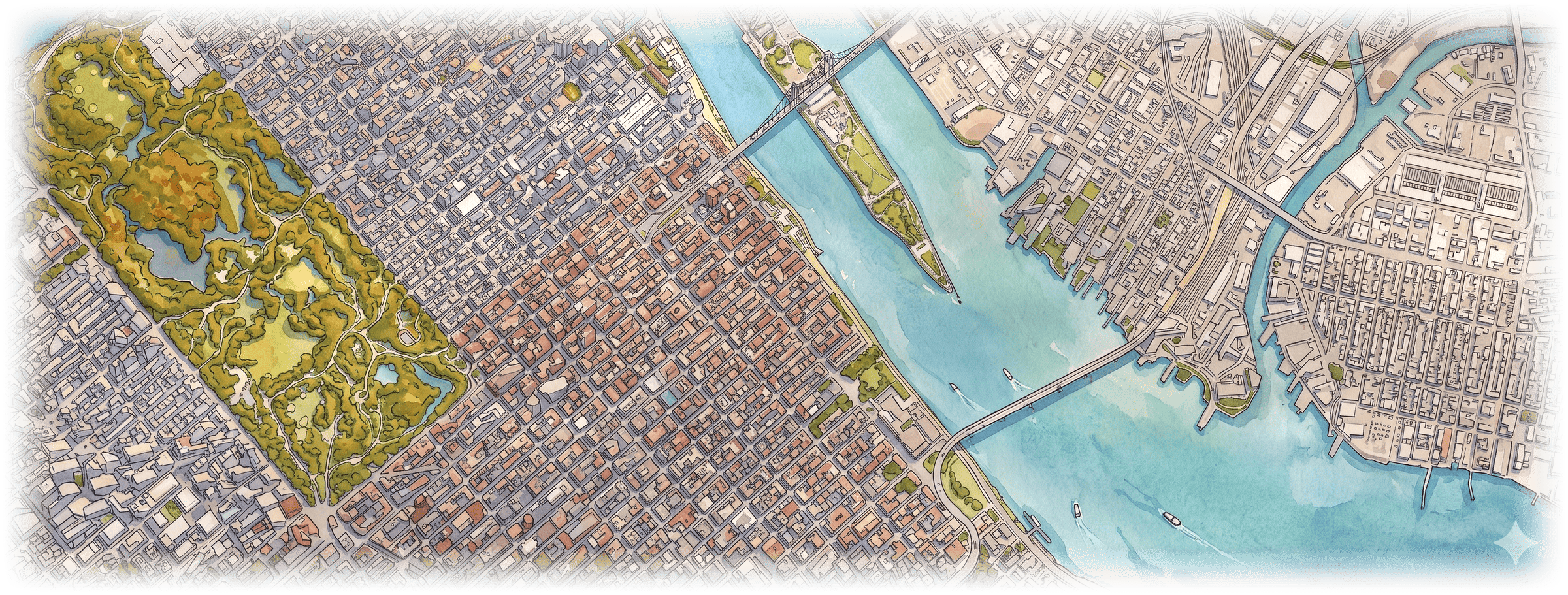 Watercolour aerial map of New York Regional Wastewater Facility, the adjacent industrial parcel including the Prologis STEM Park site, and the surrounding South Bay landscape