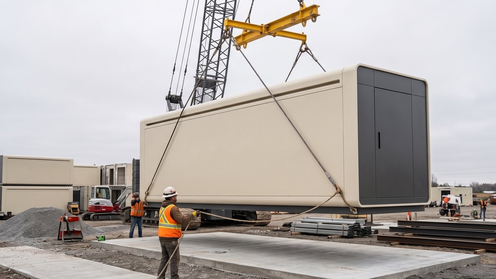 A MicroLink modular compute block lifted onto its foundation pad during install.